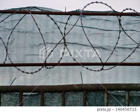Rusty metal fence topped with coiled barbed wire and green mesh backdrop Rusty metal fence topped with coiled barbed wire and green mesh backdrop 140450713