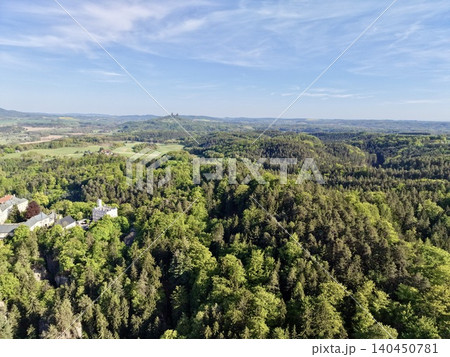 Expansive Forest Scenery. Extensive Aerial Perspective Showcasing Lush Forests And Distant Mountain Ranges 140450781