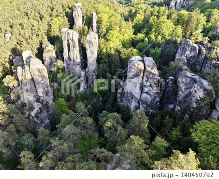 Serene Morning Scene Showcasing Towering Sandstone Columns And Rich Green Canopy From Above Serene Morning Scene Showcasing Towering Sandstone Columns And Rich Green Canopy From Above 140450792