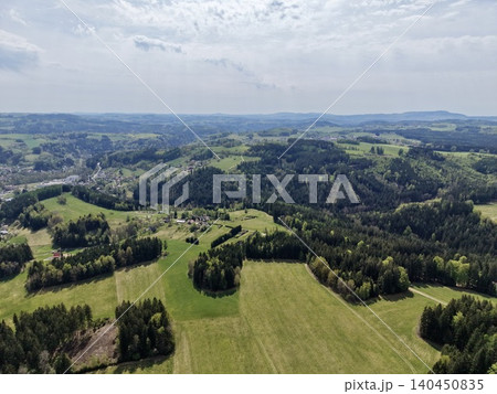 Landscape With Farmland. Scenic Overhead Image Showcasing Diverse Farm Fields And Natural Features 140450835