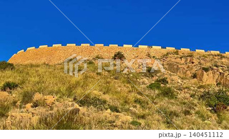 A Historic Fortress Wall Stands Majestically Against a Clear and Expansive Blue Sky Above 140451112