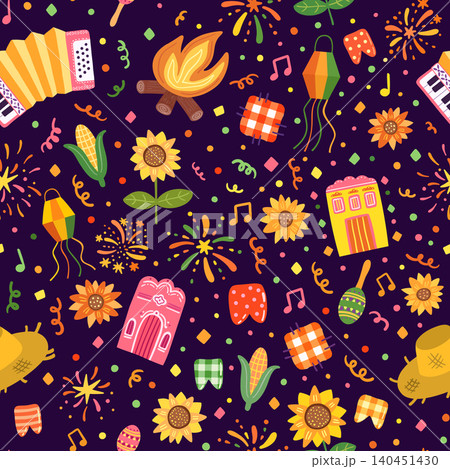 Cute Festa Junina Vector Seamless Pattern with Sunflowers, Straw Hat, Accordion, Corn, Brazilian Festival Illustrations on Dark Background for Invitations, Posters and Textile Design Cute Festa Junina Vector Seamless Pattern with Sunflowers, Straw Hat, Accordion, Corn, Brazilian Festival Illustrations on Dark Background for Invitations, Posters and Textile Design 140451430