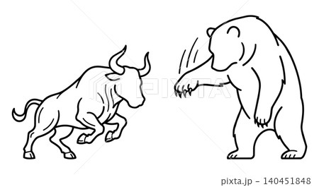 Bull and bear stock market fight concept, financial investment and economic trend line art vector illustration Bull and bear stock market fight concept, financial investment and economic trend line art vector illustration 140451848