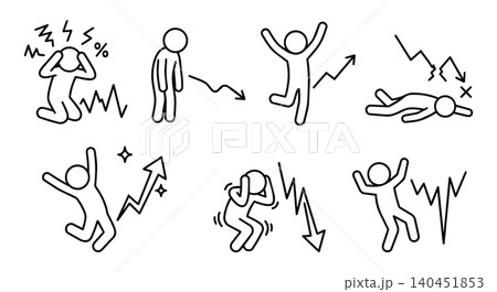 Stock market volatility and investor psychology concept, stick figure profit loss panic and joy vector illustration set Stock market volatility and investor psychology concept, stick figure profit loss panic and joy vector illustration set 140451853