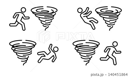 Tornado hit and crisis escape concept, stick figure facing storm disaster and chaos vector illustration set Tornado hit and crisis escape concept, stick figure facing storm disaster and chaos vector illustration set 140451864