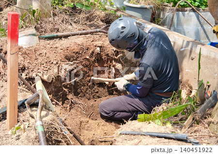 造園業者による樹木の抜根作業 造園業者による樹木の抜根作業 140451922