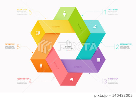 6 Step Venn Diagram Infographic Template Background with 3D Hexagonal Workflow Process Design 140452003
