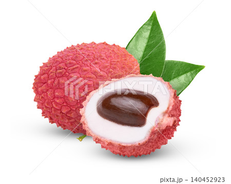 isolated lychee with green leaf with clipping path, isolated on white background, isolated lychee with green leaf with clipping path, isolated on white background, 140452923