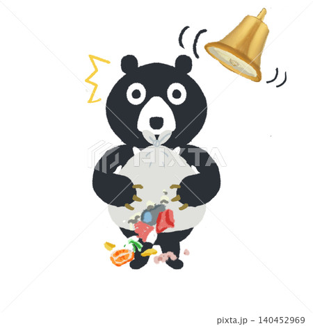 ゴミ袋を抱えるクマと熊よけ鈴のイラスト ゴミ袋を抱えるクマと熊よけ鈴のイラスト 140452969
