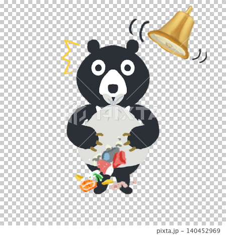 ゴミ袋を抱えるクマと熊よけ鈴のイラスト ゴミ袋を抱えるクマと熊よけ鈴のイラスト 140452969