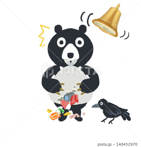 ゴミ袋を抱えるクマと熊よけ鈴のイラスト 烏付き ゴミ袋を抱えるクマと熊よけ鈴のイラスト 烏付き 140452970
