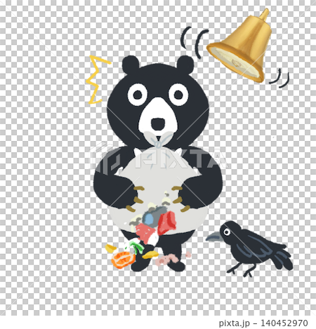 ゴミ袋を抱えるクマと熊よけ鈴のイラスト 烏付き ゴミ袋を抱えるクマと熊よけ鈴のイラスト 烏付き 140452970