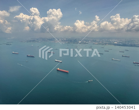 Aerial view of shipping vessels in Singapore waters on April 28, 2025 140453041