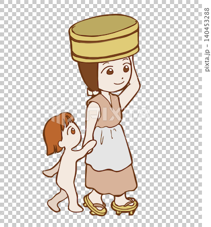 平安時代的一位家長和孩子頭頂著洗臉盆行走。 140453288