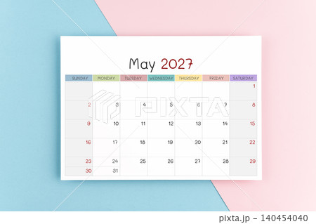 May 2027 calendar page on blue and pink color background. 140454040