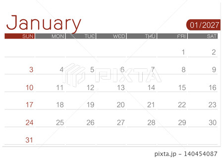 January 2027 calendar page isolated on white background, Save clipping path. January 2027 calendar page isolated on white background, Save clipping path. 140454087