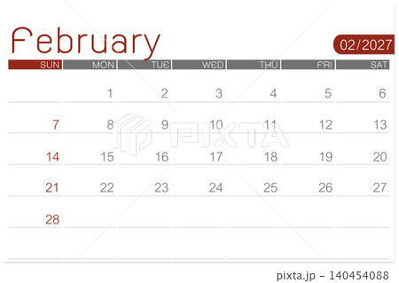 February 2027 calendar page isolated on white background, Save clipping path. 140454088