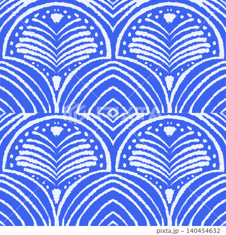 Blue and White Art Deco Fan Pattern, Seamless Geometric Scallop Shell Design with Decorative Dots and Curves 140454632