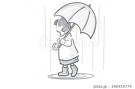 雨降りの日に傘をさして歩く女の子のモノクロ水彩風イラスト 雨降りの日に傘をさして歩く女の子のモノクロ水彩風イラスト 140454774