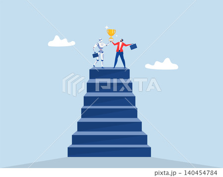 Teamwork Success,businessman with robot  hold trophy success on climb up stair.staircase or ladder to climb to achieve career winning opportunity, leadership goal concept 140454784