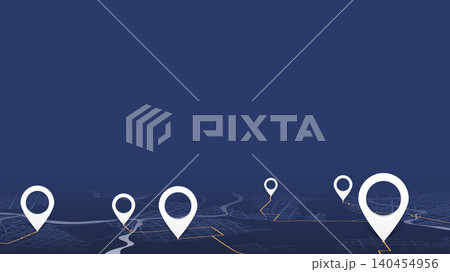 Perspective urban map background with white pins and route tracking lines on dark blue field. Vector illustration. Perspective urban map background with white pins and route tracking lines on dark blue field. Vector illustration. 140454956