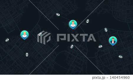 Ride sharing app background with user avatars and moving vehicles on dark city map. Vector illustration. Ride sharing app background with user avatars and moving vehicles on dark city map. Vector illustration. 140454960
