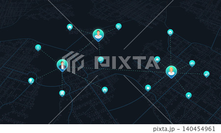 People network connection on dark city map with service location pins and dotted lines. Vector illustration. People network connection on dark city map with service location pins and dotted lines. Vector illustration. 140454961