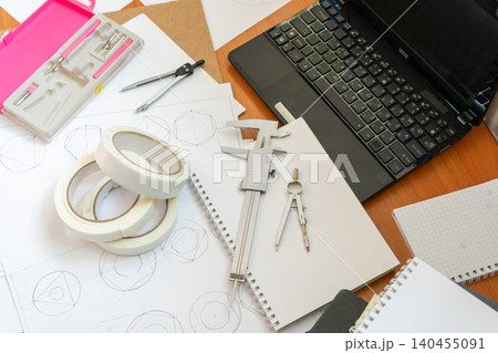 Study Workspace Laptop, Technical Drawings, Vernier Caliper, Compasses and Stationery Tools 140455091