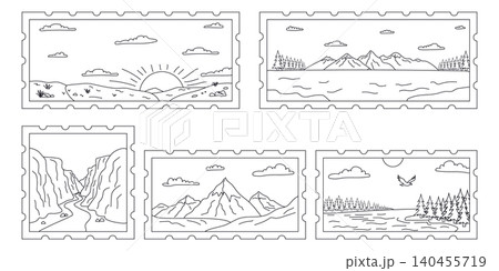 Vintage postage stamps with mountain landscapes, canyon, lake, forest and sunrise line vector art set 140455719
