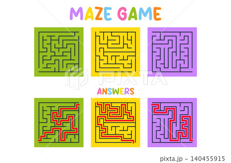 Maze activity for kids with answer key. Fun educational vector illustration Maze activity for kids with answer key. Fun educational vector illustration 140455915