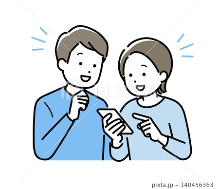 スマホを見る若い男女のイラスト 140456363