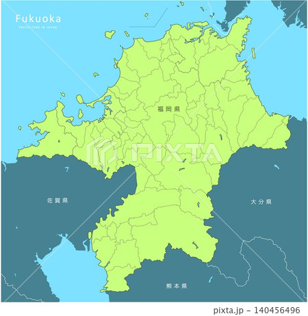海や湖を着色した「福岡県」詳細な地図シリーズ。(隣県、市町村の区分、市町村名、白地図) 海や湖を着色した「福岡県」詳細な地図シリーズ。(隣県、市町村の区分、市町村名、白地図) 140456496
