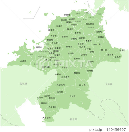 「福岡県」詳細な地図シリーズ。（隣県、市町村の区分と名前あり） 140456497