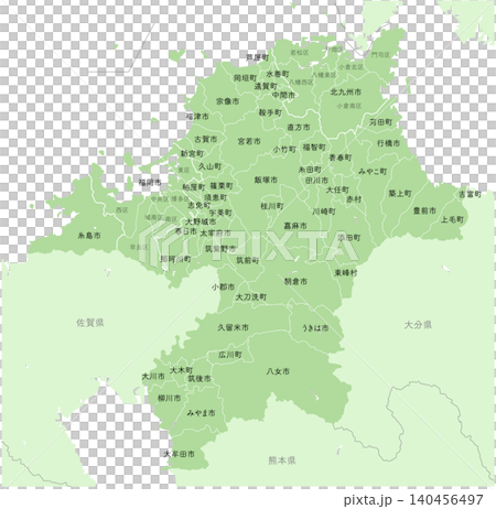 「福岡県」詳細な地図シリーズ。（隣県、市町村の区分と名前あり） 140456497