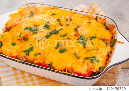 Madame Bovary's Georgian dish, chicken fillet with mushrooms, tomatoes and cheese, baked in a mold, Madame Bovary's Georgian dish, chicken fillet with mushrooms, tomatoes and cheese, baked in a mold, 140456720