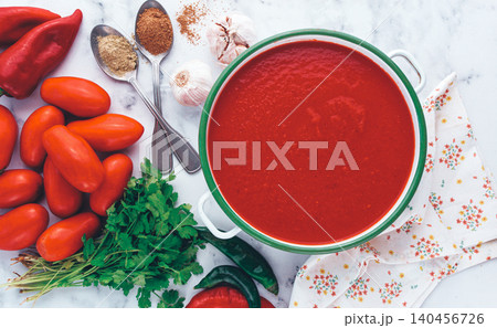 Georgian Satsebeli sauce, made from tomatoes and sweet peppers, with spices, homemade, no people, Georgian Satsebeli sauce, made from tomatoes and sweet peppers, with spices, homemade, no people, 140456726