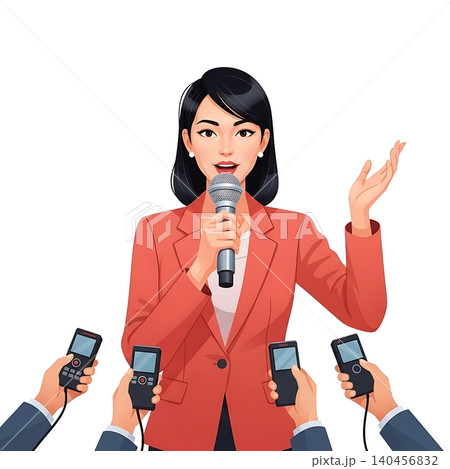 Female PR Specialist Speaking to Media Microphone Female PR Specialist Speaking to Media Microphone 140456832
