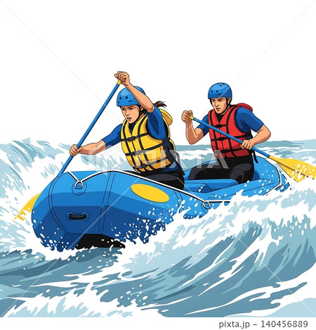 Female River Rafter Paddling Inflatable Raft on Whitewater Female River Rafter Paddling Inflatable Raft on Whitewater 140456889