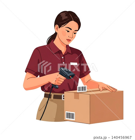 Female Shipping Clerk Scanning Box 140456967