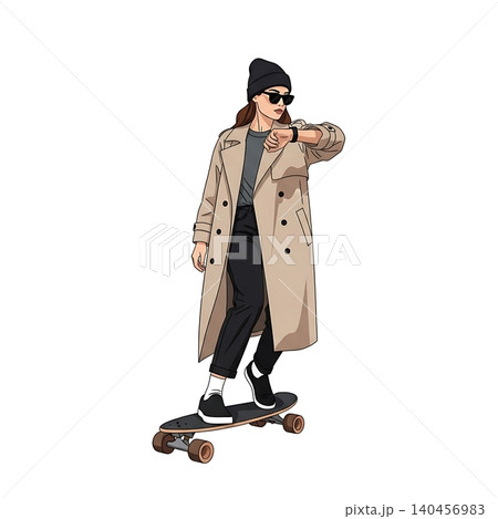 Female Skateboarder Checking Watch while Skating Flat Vector 140456983