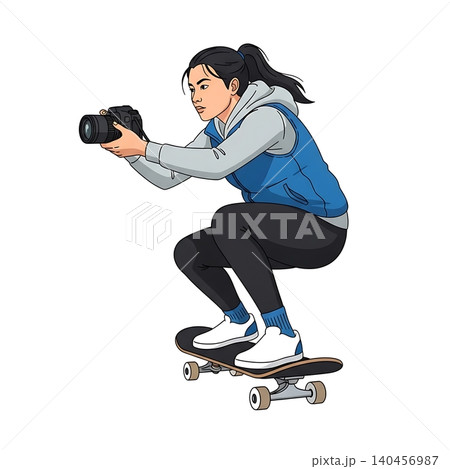 Female Skateboarder Filming with Video Camera Flat Vector Female Skateboarder Filming with Video Camera Flat Vector 140456987