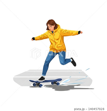 Female Skateboarder Power-Slide in Parking Lot Flat Vector 140457028