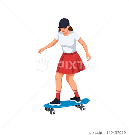 Female Skateboarder Cruising on Penny Board Flat Vector Female Skateboarder Cruising on Penny Board Flat Vector 140457029
