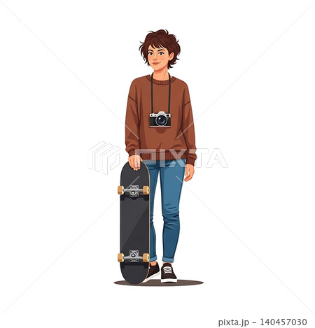 Female Skateboarder Photographer with Camera Flat Vector Female Skateboarder Photographer with Camera Flat Vector 140457030