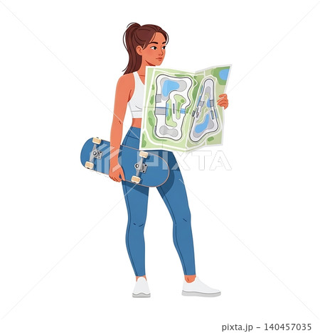 Female Skateboarder Looking at Skatepark Map Flat Vector 140457035