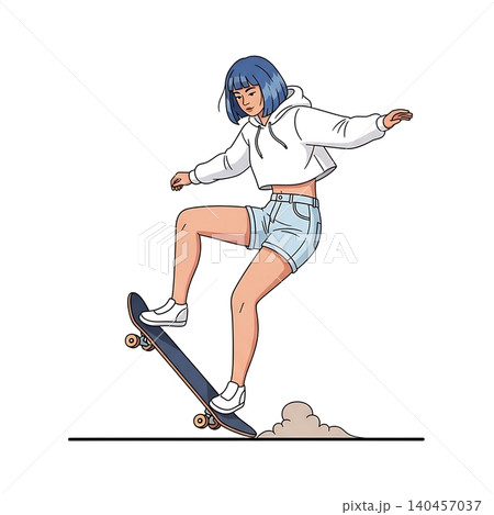 Female Skateboarder Doing Revert Maneuver Flat Vector Female Skateboarder Doing Revert Maneuver Flat Vector 140457037