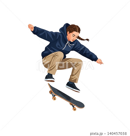 Female Skateboarder Shifty Jump Flat Vector Female Skateboarder Shifty Jump Flat Vector 140457038