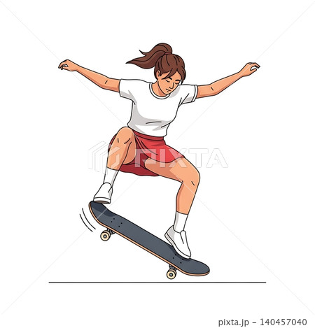Female Skateboarder Strawberry Hawk Trick Flat Vector Female Skateboarder Strawberry Hawk Trick Flat Vector 140457040