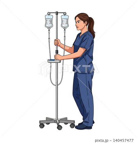 Female Trauma Nurse with IV Pole Flat Vector Illustration Female Trauma Nurse with IV Pole Flat Vector Illustration 140457477