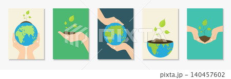 Save The Planet poster collection with drawing earth, hands and growing plant. Eco sustainability concept. Vector set of ecology covers, brochures, banners Save The Planet poster collection with drawing earth, hands and growing plant. Eco sustainability concept. Vector set of ecology covers, brochures, banners 140457602